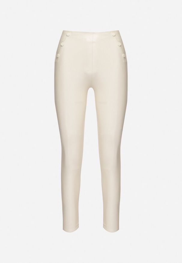 Born2be - Białe Legginsy z Ekoskóry z Guzikami Wysokim Stanem i Gumką w Talii Sintheria. Okazja: na co dzień, na spacer. Stan: podwyższony. Kolor: biały. Materiał: materiał, kaszmir. Wzór: aplikacja. Sezon: jesień. Styl: casual, elegancki