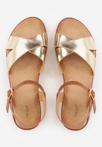 Renee - Złote Płaskie Sandały VICES z Cholewką ze Skrzyżowanymi Paskami Emelika. Zapięcie: pasek. Kolor: złoty. Wzór: haft. Styl: boho #9