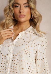 Renee - Beżowy Haftowany Komplet z Bawełny Koszula z Długim Rękawem i Luźne Szorty Lecobia. Kolor: beżowy. Materiał: bawełna. Wzór: haft #5