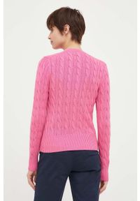 Polo Ralph Lauren kardigan bawełniany damski kolor różowy. Typ kołnierza: polo. Kolor: różowy. Materiał: bawełna. Długość rękawa: długi rękaw. Długość: długie. Wzór: ze splotem #5