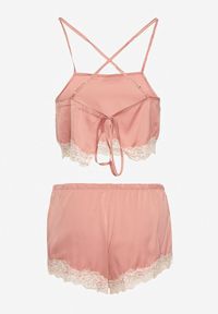 Renee - Różowy Komplet Piżamowy Krótki Wiązany Top na Ramiączkach Szorty z Gumką w Talii Tiseria. Kolekcja: plus size. Kolor: różowy. Materiał: materiał. Długość: krótkie #4