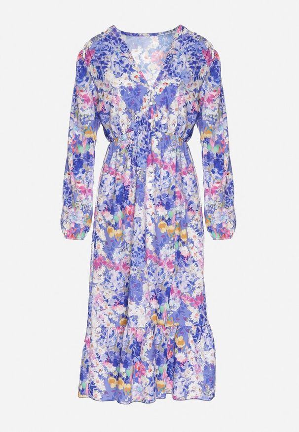 Born2be - Niebieska Rozkloszowana Sukienka w Kwiaty z Dekoltem w Serek i Gumką w Talii Janitra. Okazja: na co dzień. Typ kołnierza: dekolt w serek. Kolor: niebieski. Długość rękawa: długi rękaw. Wzór: kwiaty. Typ sukienki: proste. Styl: casual, klasyczny, elegancki