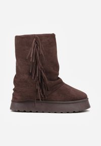 Born2be - Brązowe Botki w Stylu Śniegowców z Frędzlami i Cholewką Imitującą Nogawkę Sierafera. Zapięcie: bez zapięcia. Kolor: brązowy. Materiał: jeans. Szerokość cholewki: normalna #6