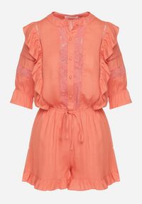 Born2be - Pomarańczowy Kombinezon z Lnu i Wiskozy w Stylu Boho z Falbankami i Koronką Linalisse. Okazja: na co dzień. Kolor: pomarańczowy. Materiał: koronka, len, wiskoza. Wzór: koronka. Styl: boho #3