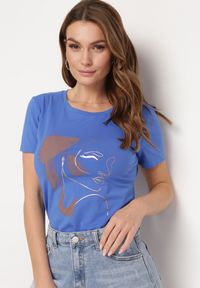 Born2be - Granatowy T-shirt z Bawełny z Krótkim Rękawem i Nadrukiem Tiaressa. Kolor: niebieski. Materiał: bawełna. Długość rękawa: krótki rękaw. Długość: krótkie. Wzór: nadruk. Styl: klasyczny, elegancki #1