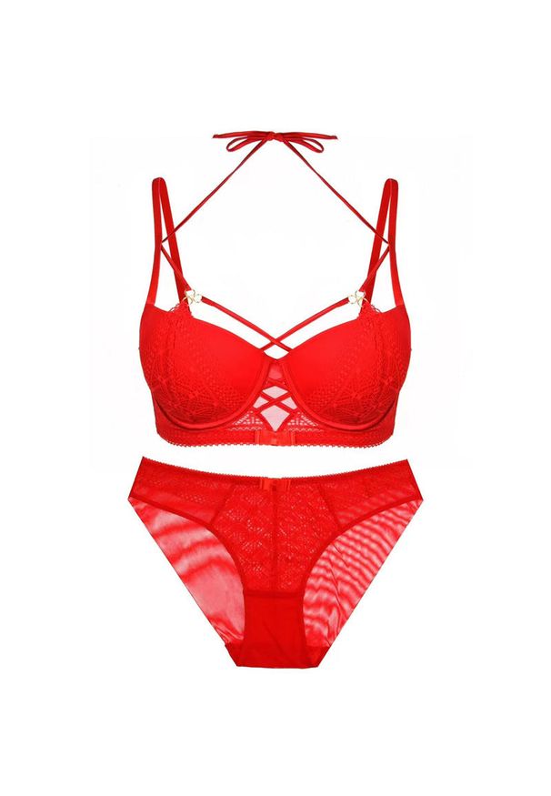 Intica - Komplet bielizny z haftem i regulowanymi paskami Volkea. Kolor: czerwony. Materiał: materiał. Wzór: haft