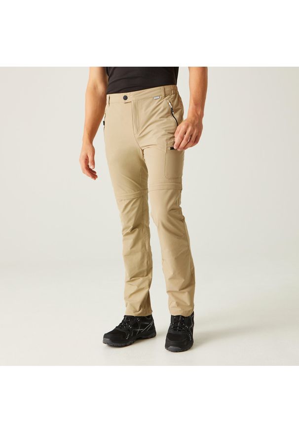 Regatta - Spodnie trekkingowe męskie Highton Zip Off z odpinanymi nogawkami. Kolor: beżowy. Długość: długie. Sezon: lato. Sport: turystyka piesza