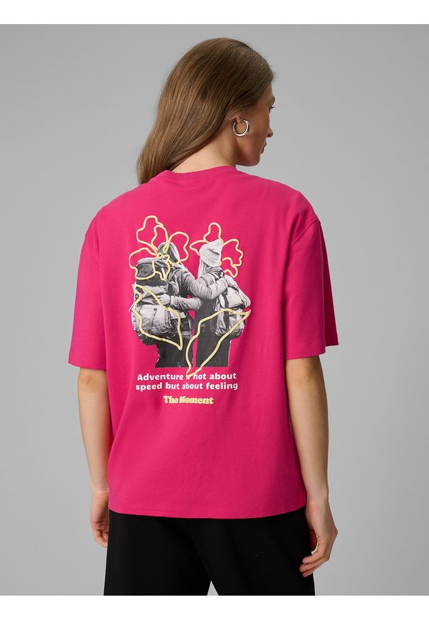 4f - 4F T-shirt loose z nadrukiem damski - różowy L. Okazja: na co dzień. Kolor: różowy. Materiał: materiał, bawełna, dzianina. Wzór: nadruk. Styl: casual
