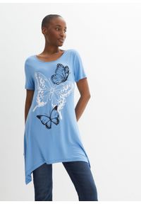 bonprix - Długi shirt z dłuższymi bokami i nadrukiem w motyle. Kolor: niebieski. Długość: długie. Wzór: nadruk #1