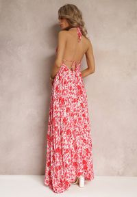 Renee - Czerwona Bawełniana Sukienka Maxi z Wiązaniem na Szyi Detra. Kolor: czerwony. Materiał: bawełna. Wzór: kwiaty, nadruk. Długość: maxi #2