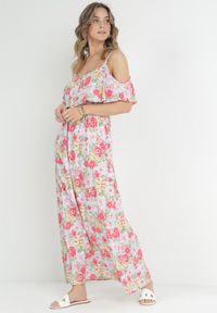 Born2be - Biało-Czerwona Sukienka Bawełniana w Kwiaty z Falbanką Janellie. Kolor: biały. Materiał: bawełna. Długość rękawa: na ramiączkach. Wzór: kwiaty. Styl: wakacyjny. Długość: maxi #3