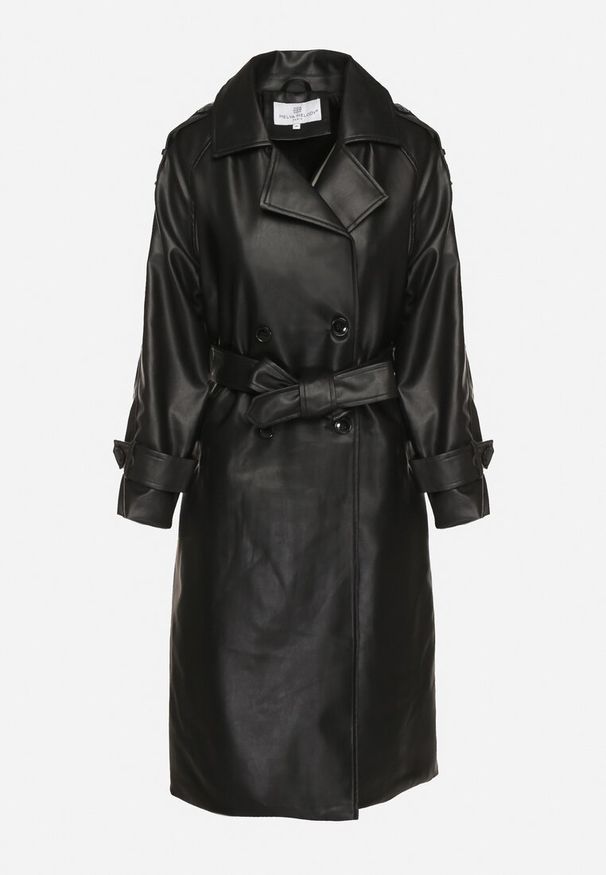 Born2be - Czarny Dwurzędowy Płaszcz Wiązany w Pasie z Kieszeniami Asella. Okazja: na co dzień. Kolor: czarny. Materiał: jeans. Styl: klasyczny, casual, elegancki