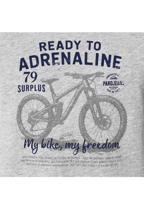 Męska Koszulka (T-Shirt) - Pako Jeans - Popiel, Motyw Rowerowy. Okazja: na co dzień. Materiał: bawełna, wiskoza. Wzór: nadruk. Styl: casual