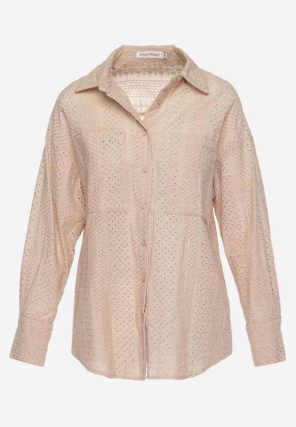 Born2be - Ciemnobeżowa Wiskozowa Koszula w Ażurowy Wzór Asaimes. Okazja: na co dzień. Typ kołnierza: kołnierzyk klasyczny. Kolor: beżowy. Materiał: wiskoza. Długość: długie. Wzór: ażurowy. Sezon: lato. Styl: klasyczny, casual