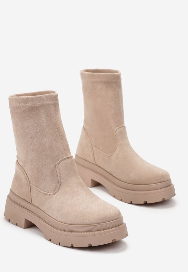 Renee - Beżowe Botki Sztyblety na Platformie Tersa. Okazja: na co dzień. Kolor: beżowy. Obcas: na platformie. Styl: casual