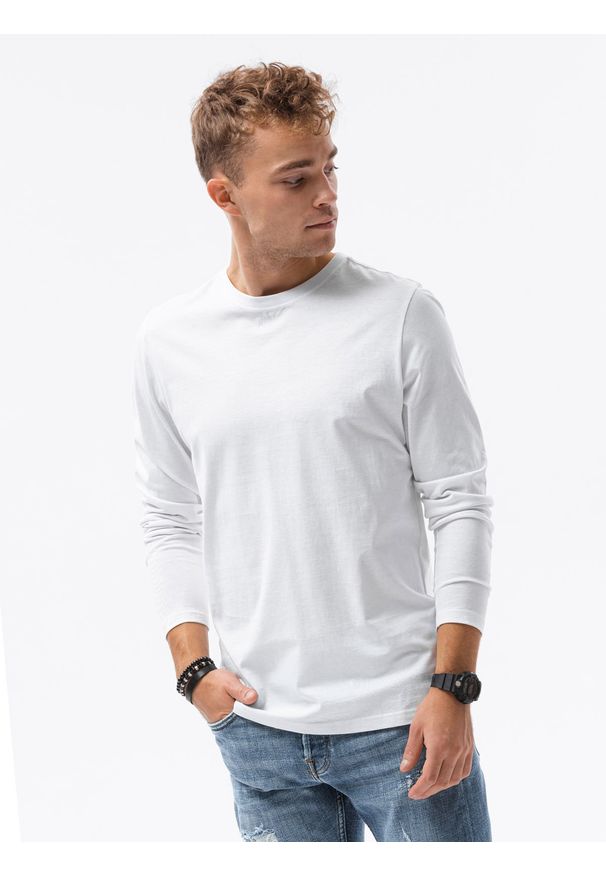 Ombre Clothing - Longsleeve męski bez nadruku L138 - biały - XXL. Kolor: biały. Materiał: bawełna. Długość rękawa: długi rękaw. Styl: klasyczny