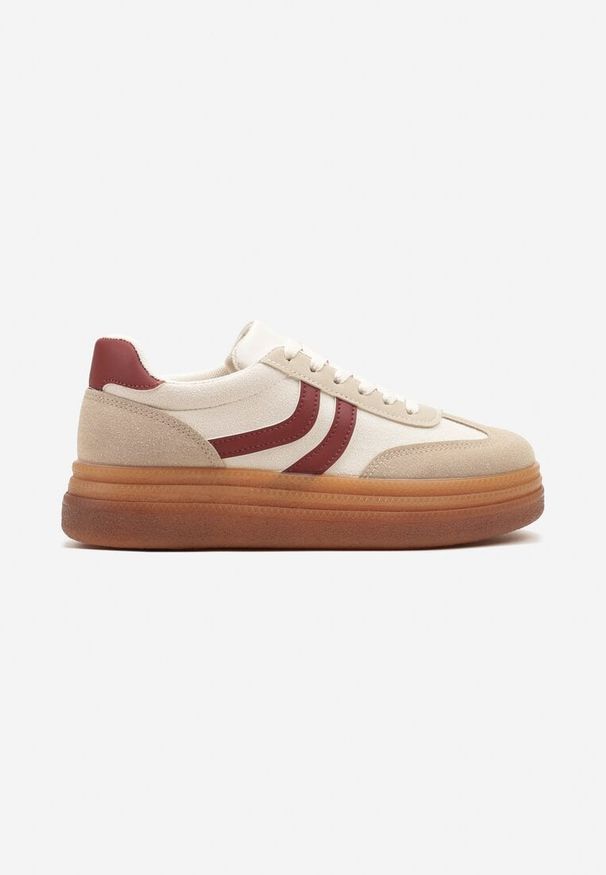 Born2be - Beżowo-Bordowe Sneakersy w Stylu Klasycznych Tenisówek na Grubej Podeszwie Grelritia. Nosek buta: okrągły. Zapięcie: sznurówki. Kolor: beżowy. Materiał: materiał. Obcas: na obcasie. Wysokość obcasa: niski