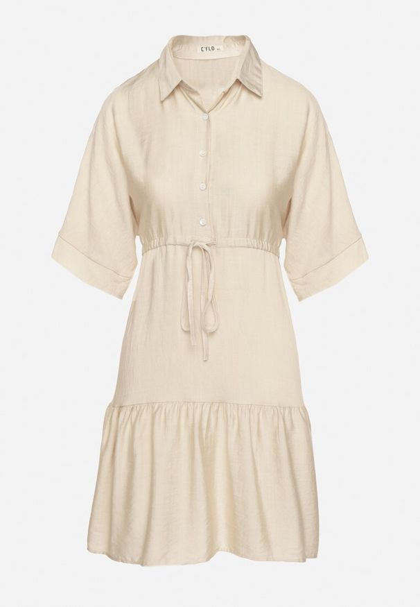 Born2be - Jasnobeżowa Sukienka Koszulowa z Wiskozy z Kołnierzykiem i Wiązaniem Nanieria. Okazja: na co dzień. Kolor: beżowy. Materiał: wiskoza. Długość rękawa: krótki rękaw. Typ sukienki: koszulowe. Styl: boho, casual