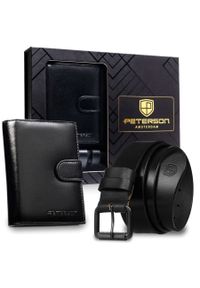 Zestaw prezentowy: skórzany, pionowy portfel męski w czarnym kolorze z systemem RFID i pasek ze skóry naturalnej - Peterson. Kolor: czarny. Materiał: skóra #1