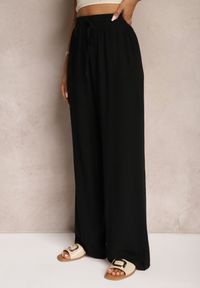 Renee - Czarne Szerokie Spodnie z Wiskozy z Dodatkiem Lnu Delsira. Okazja: na co dzień. Stan: podwyższony. Kolekcja: plus size. Kolor: czarny. Materiał: wiskoza, len. Długość: długie. Styl: casual, elegancki