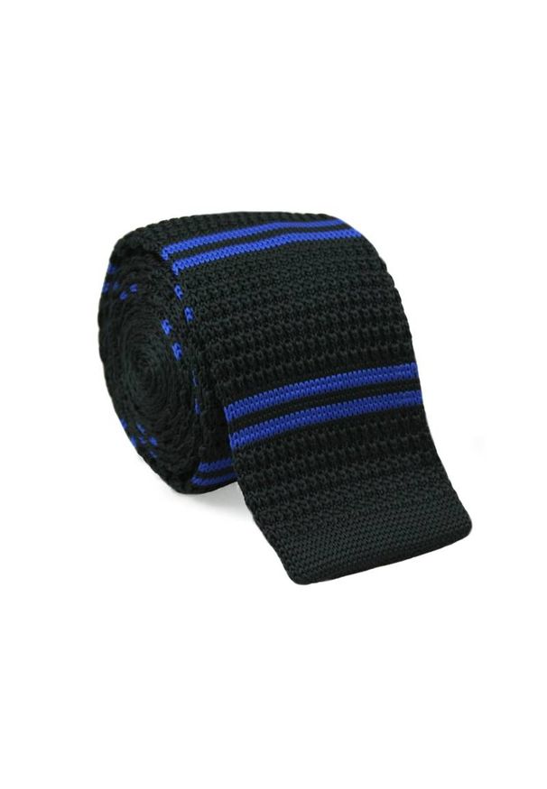 Dziergany Krawat Męski Knit w Paski, Prążki - 5,5 cm - Alties, Granatowo-Czarny. Kolor: niebieski. Materiał: poliester. Wzór: prążki, paski. Styl: sportowy