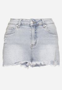 Born2be - Jasnoniebieskie Szorty Jeansowe z Wysokim Stanem Zdobione Przetarciami i Cyrkoniami Galinora. Okazja: na co dzień. Stan: podwyższony. Kolor: niebieski. Materiał: jeans. Wzór: aplikacja. Styl: casual, elegancki #6