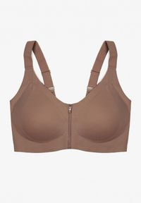 Born2be - Ciemnobeżowy Sportowy Biustonosz z Suwakiem z Przodu Eziline. Kolekcja: plus size. Kolor: beżowy. Rodzaj stanika: wyciągane miseczki #1