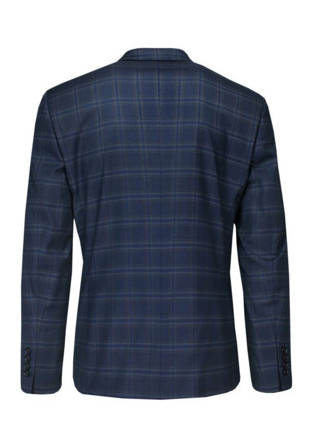 Victorio - Garnitur Elegancki, Granatowy w Grubą Kratkę Zapinany na Dwa Guziki, SLIM, Spodnie w Kant -VICTORIO. Kolor: niebieski. Materiał: poliester, wiskoza, elastan. Wzór: kratka