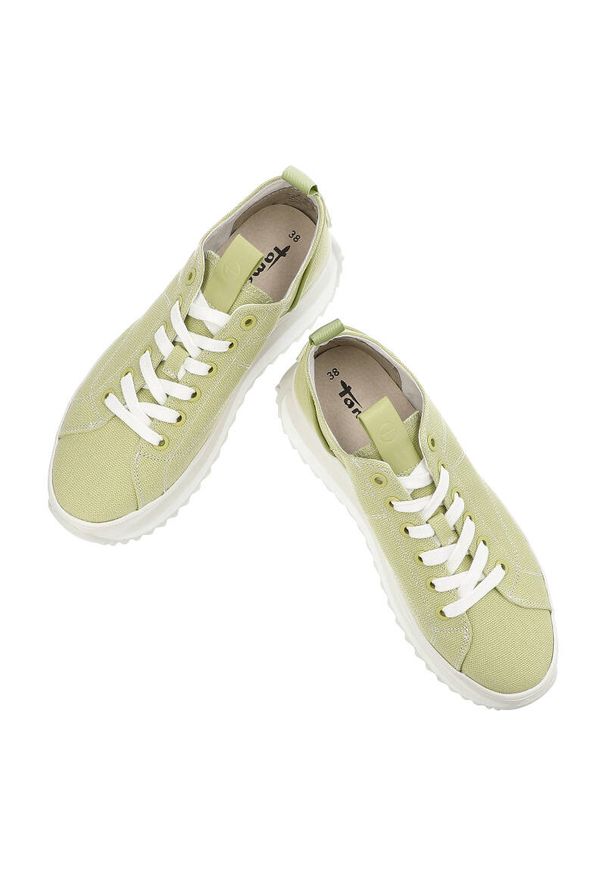 Zielone Sneakersy Tamaris Modne Obuwie Damskie. Okazja: na spacer, na co dzień. Zapięcie: sznurówki. Kolor: zielony. Materiał: materiał. Sezon: wiosna, lato. Sport: turystyka piesza