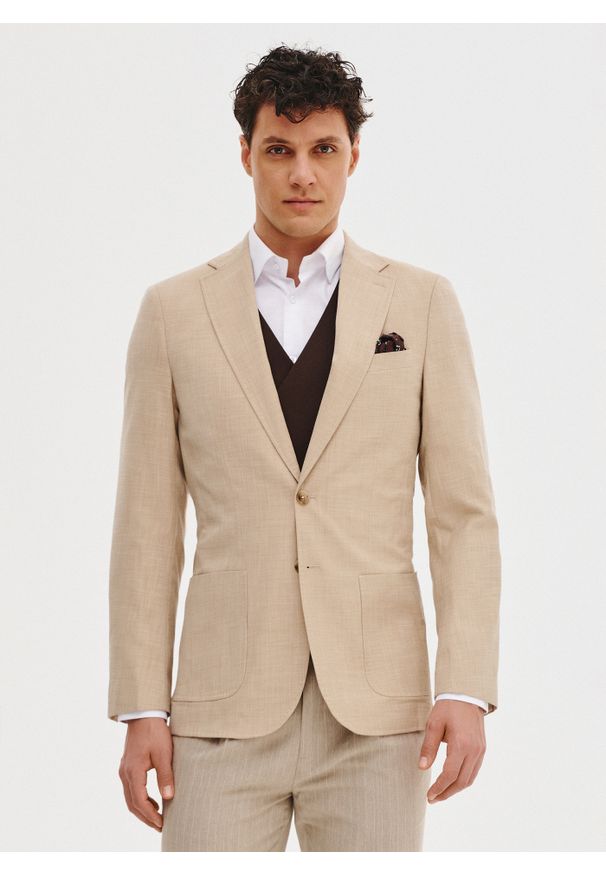 Pako Lorente - PAKO LORENTE – Casualowa marynarka męska w kolorze beżowym. Okazja: na co dzień. Kolor: niebieski, beżowy. Materiał: poliester, wiskoza, elastan. Wzór: gładki. Sezon: wiosna. Styl: casual