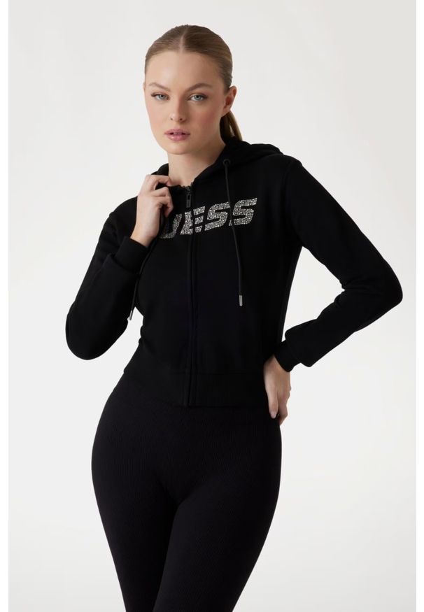 Guess - GUESS Czarna damska bluza z cyrkoniami Primula, Rozmiar M. Kolor: czarny