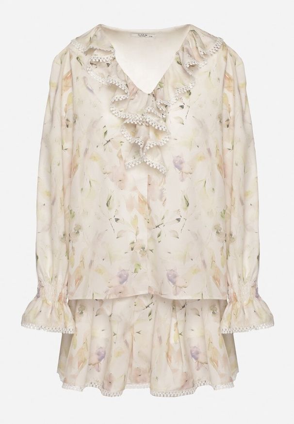 Born2be - Beżowo-Żółty Wiskozowy Komplet z Falbankami Bluzka i Spódnica Istebia. Kolor: beżowy. Materiał: wiskoza. Wzór: aplikacja