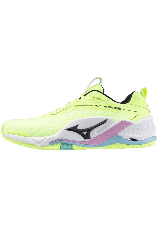 Buty halowe Mizuno Wave Stealth Neo. Kolor: wielokolorowy, czarny, zielony. Materiał: materiał, syntetyk. Model: Mizuno Wave