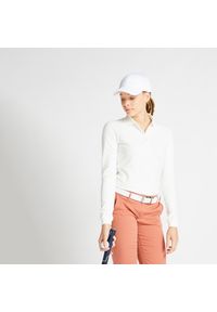 INESIS - Koszulka do golfa polo z długim rękawem damska MW500. Typ kołnierza: polo, golf. Kolor: biały. Materiał: bawełna, materiał, elastan. Długość rękawa: długi rękaw. Długość: długie. Styl: sportowy