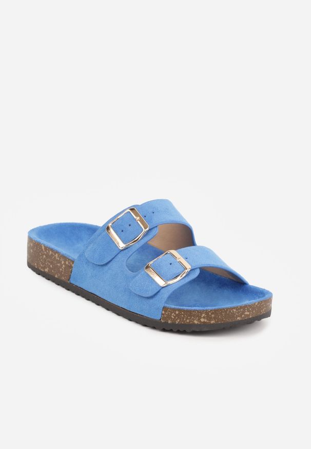 Born2be - Niebieskie Klapki z Regulowanymi Paskami i Profilowaną Wkładką Rida. Okazja: na co dzień. Kolor: niebieski. Materiał: jeans, len. Wzór: paski. Sezon: lato. Styl: casual