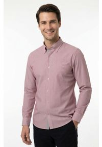 Ravanelli - Modna Koszula z Kołnierzykiem na Guziki - Drobny Prążek, Czerwona. Typ kołnierza: button down. Kolor: czerwony. Materiał: bawełna. Wzór: prążki #2