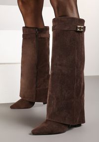 Born2be - Brązowe Kozaki na Słupku z Wywiniętą Cholewką Gafsena. Okazja: na co dzień. Kolor: brązowy. Materiał: jeans. Szerokość cholewki: normalna. Sezon: wiosna, zima, jesień. Obcas: na słupku. Styl: casual. Wysokość obcasa: średni
