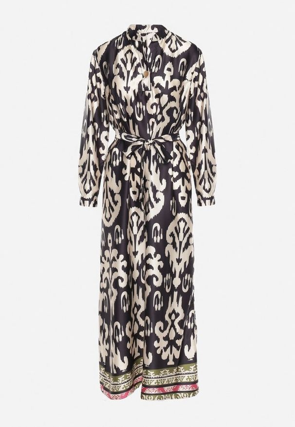 Born2be - Czarno-Biała Sukienka Satynowa o Pudełkowym Fasonie Wiązana w Talii w Ornamentalny Wzór Narosa. Okazja: na co dzień, na imprezę. Kolor: czarny. Materiał: satyna. Długość rękawa: długi rękaw. Styl: casual, elegancki