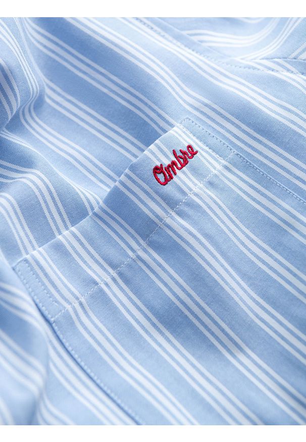 Ombre Clothing - Męska koszula REGULAR FIT w białe paski z kieszonką – błękitna V2 OM-SHOS-0171 - XXL. Okazja: do pracy. Typ kołnierza: button down. Kolor: niebieski. Materiał: bawełna, materiał. Wzór: paski. Styl: klasyczny, elegancki