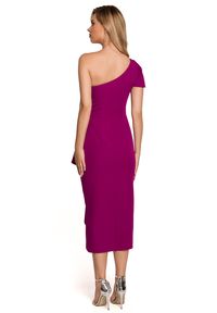Makover - Wieczorowa sukienka na jedno ramię ołówkowa z falbanami fioletowa. Okazja: na wesele, na imprezę, na ślub cywilny. Kolor: fioletowy. Typ sukienki: ołówkowe. Styl: wizytowy #3