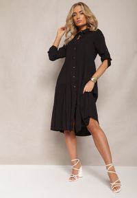 Renee - Czarna Rozkloszowana Sukienka z Bawełny w Koszulowym Stylu Canidre. Kolor: czarny. Materiał: bawełna. Typ sukienki: koszulowe