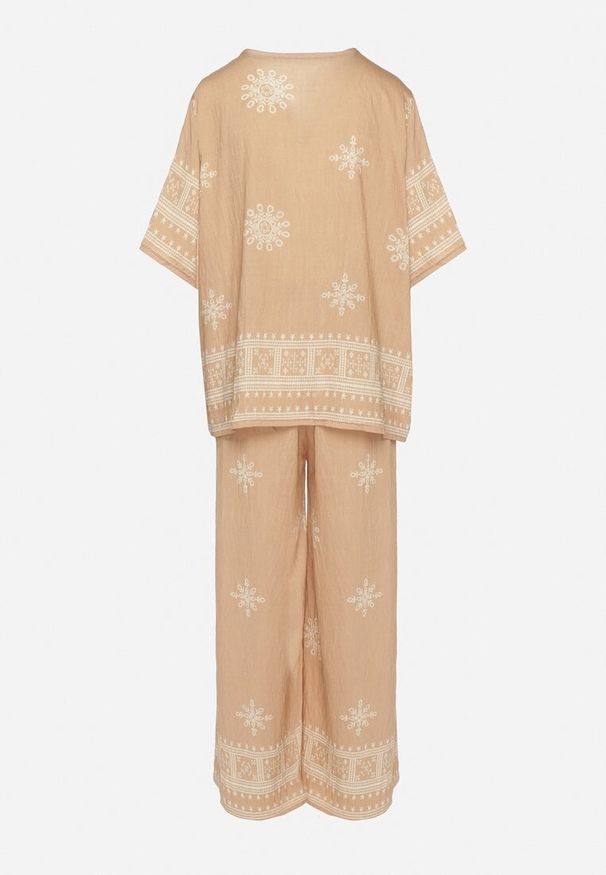 Born2be - Beżowy Komplet z Wiskozą w Stylu Rustykalnym Bluzka i Szerokie Spodnie Ronilae. Kolor: beżowy. Materiał: wiskoza