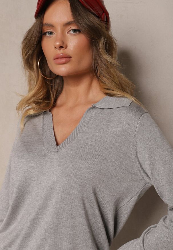 Renee - Szary Sweter z Wiskozą i Ozdobnym Kołnierzykiem Ceaola. Okazja: na co dzień, na spotkanie biznesowe, do pracy. Kolor: szary. Materiał: wiskoza. Styl: biznesowy, casual