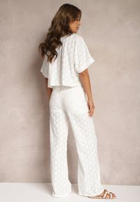 Renee - Biały Ażurowy Komplet Krótka Koszula Szerokie Spodnie z Gumką w Talii Rivatma. Kolor: biały. Materiał: materiał. Wzór: ażurowy #2