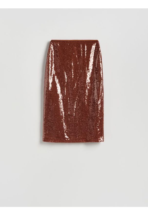 Reserved - Cekinowa spódnica midi - brązowy. Kolor: brązowy. Materiał: tkanina