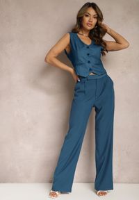 Renee - Granatowe Szerokie Spodnie z Zapięciem na Haczyk Brutris. Kolor: niebieski. Styl: elegancki #1