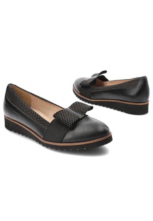 Czarne Półbuty Gamis Skórzane Buty Damskie. Kolor: czarny. Materiał: skóra. Szerokość cholewki: normalna. Wzór: aplikacja. Styl: elegancki