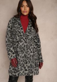Renee - Szary Panterkowy Płaszcz Dwurzędowy z Wsuwanymi Kieszeniami Niarelith. Okazja: na co dzień. Kolor: szary. Materiał: jeans. Styl: elegancki, casual #4