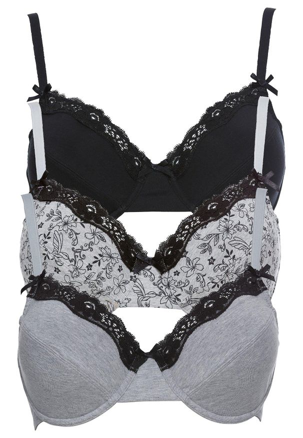 bonprix - Biustonosz na fiszbinach (3 szt.), bawełna organiczna. Kolor: czarny. Materiał: bawełna. Wzór: aplikacja, koronka
