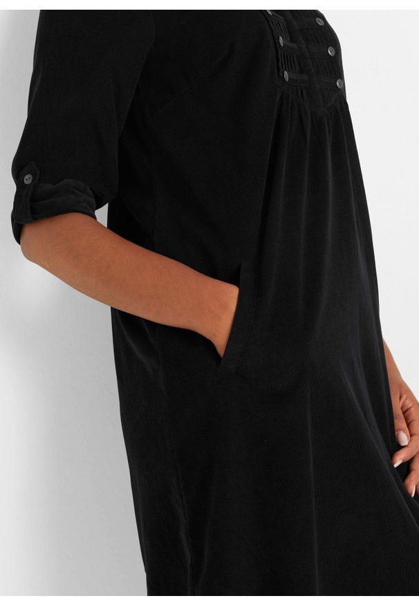 bonprix - Sukienka koszulowa z bawełnianego sztruksu. Kolor: czarny. Materiał: bawełna, sztruks. Typ sukienki: koszulowe